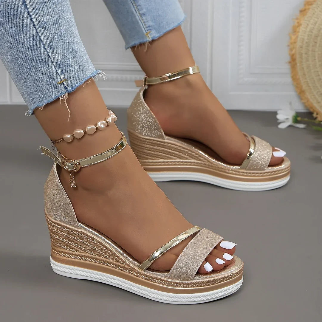 Damen Keilabsatz Sandalen Plattform Riemen