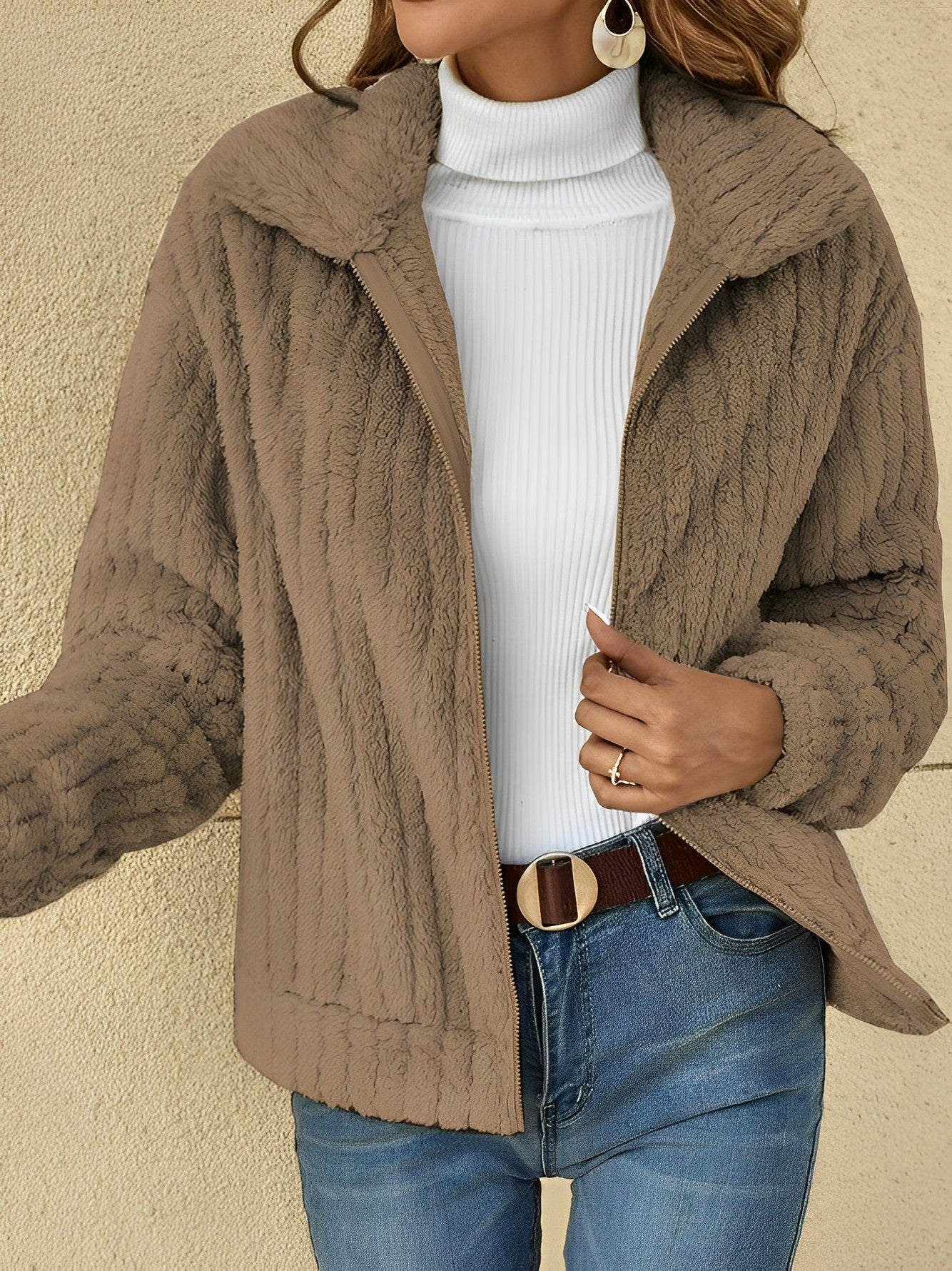 Damen Teddyjacke Kurz Kuschelig Reißverschluss Beige