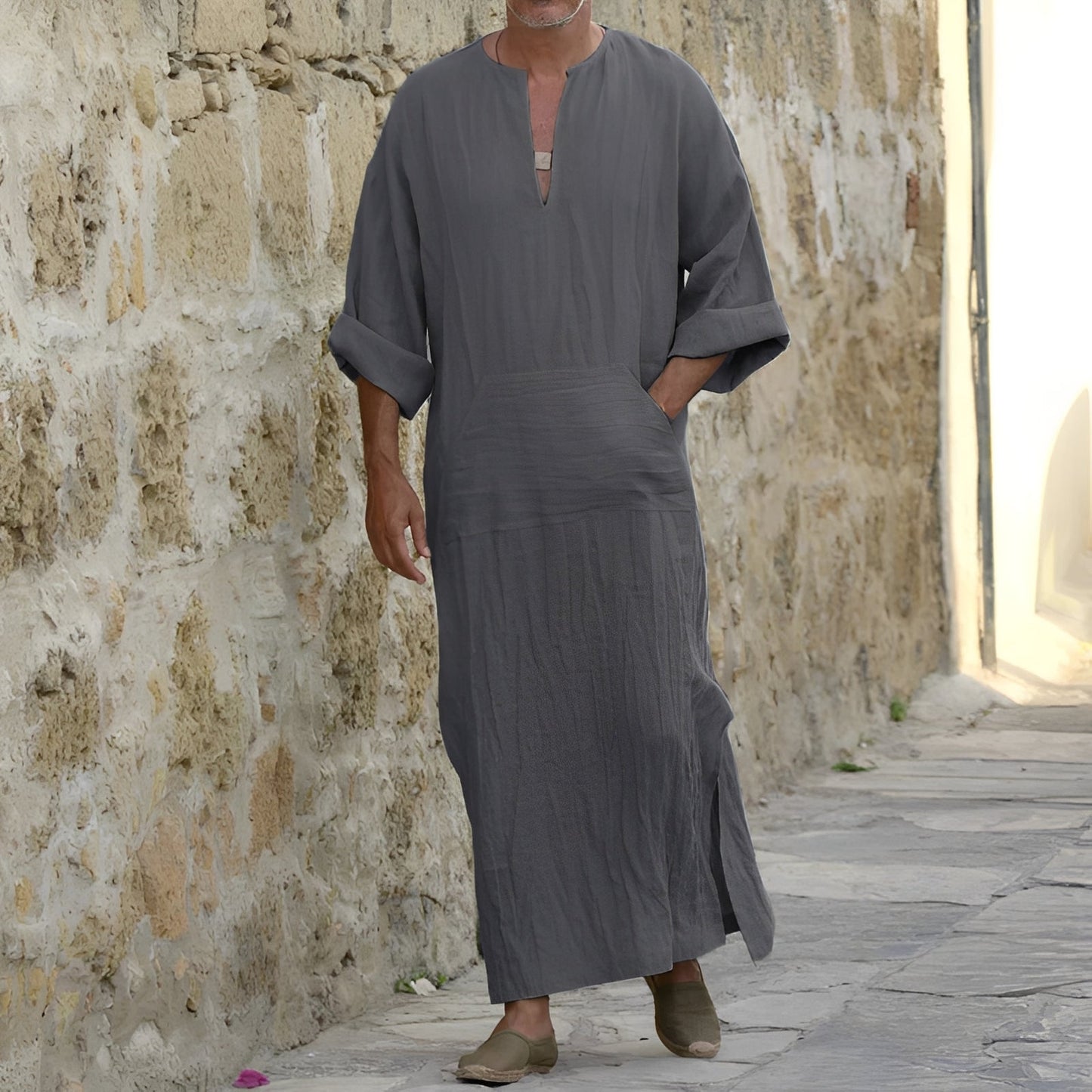 Herren Hemdkleid Langes Minimalistisches Kleid Mit Seitenschlitz