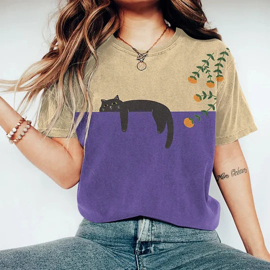Eveloria Damen T-Shirt Katzen-Motiv Baumwolle