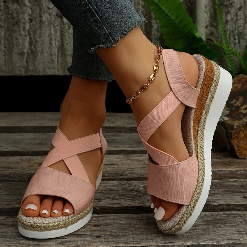 Eveloria Damen Keilsandalen Plateau Gladiator Leder