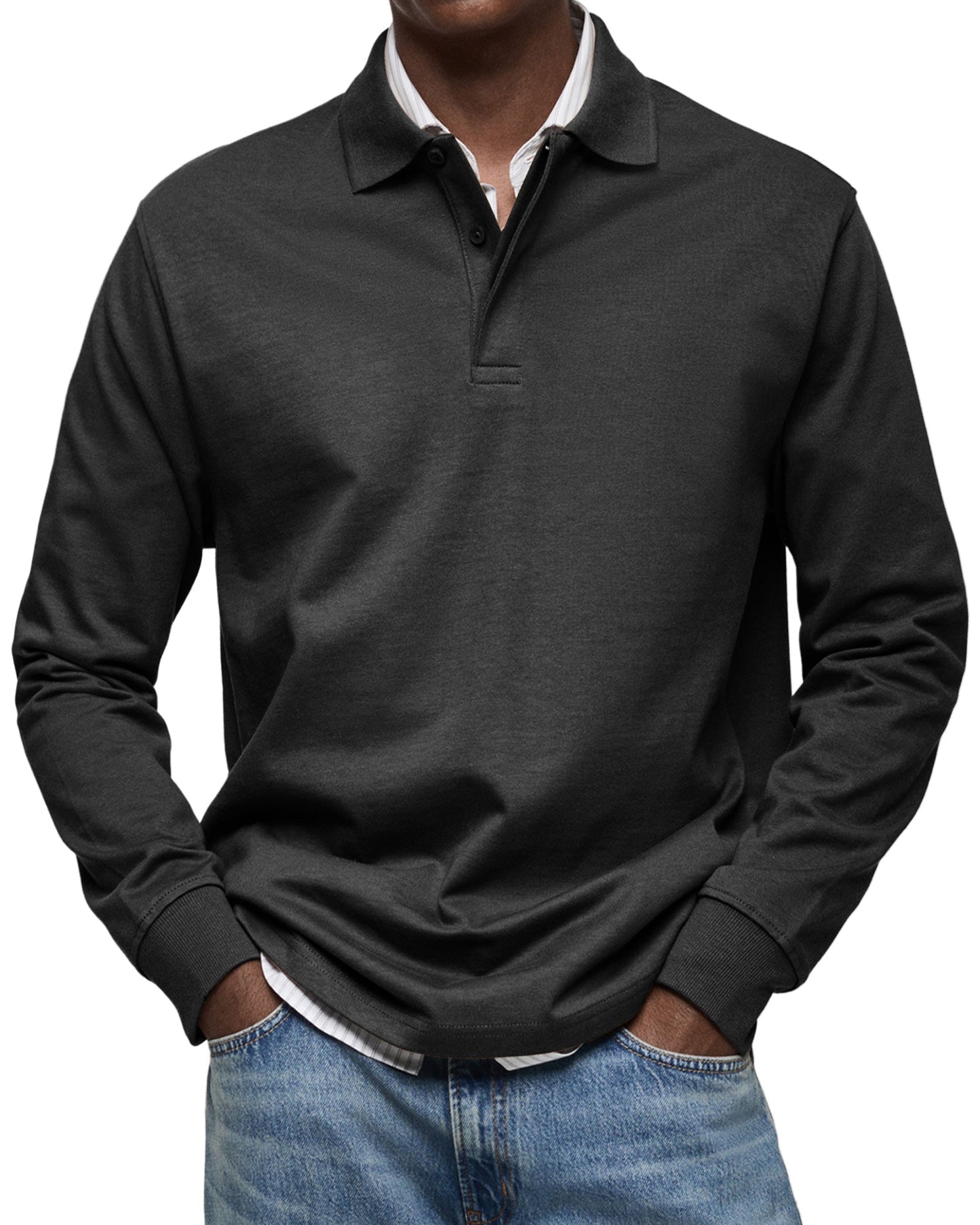Herren Langarm Poloshirt Knopfleiste Klassisch Beige
