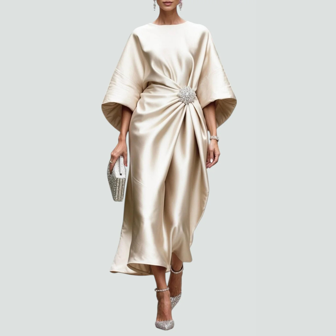 Damen Fledermausärmel Midi Kleid Drapiert