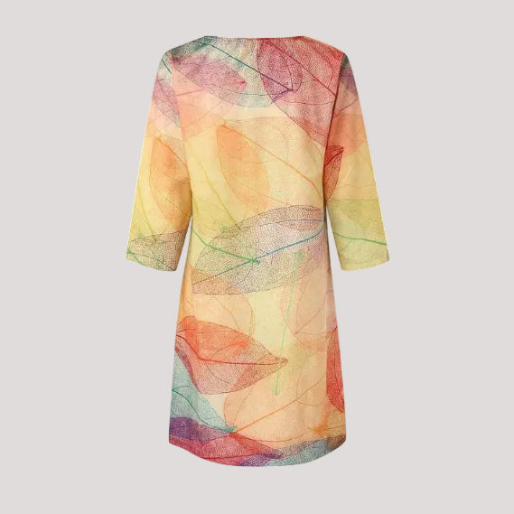 Damen Sommerkleid Blattmuster V-Ausschnitt Midi
