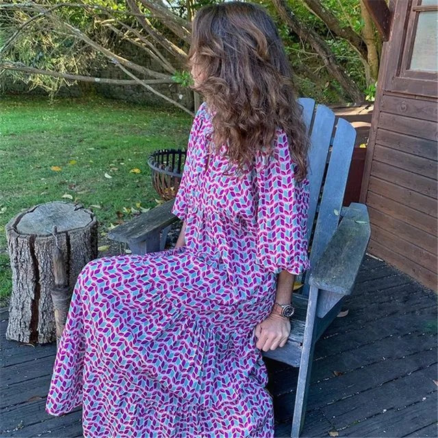 Damen Maxi Kleid Blumenprint V-Ausschnitt Halbarm Ibiza Look