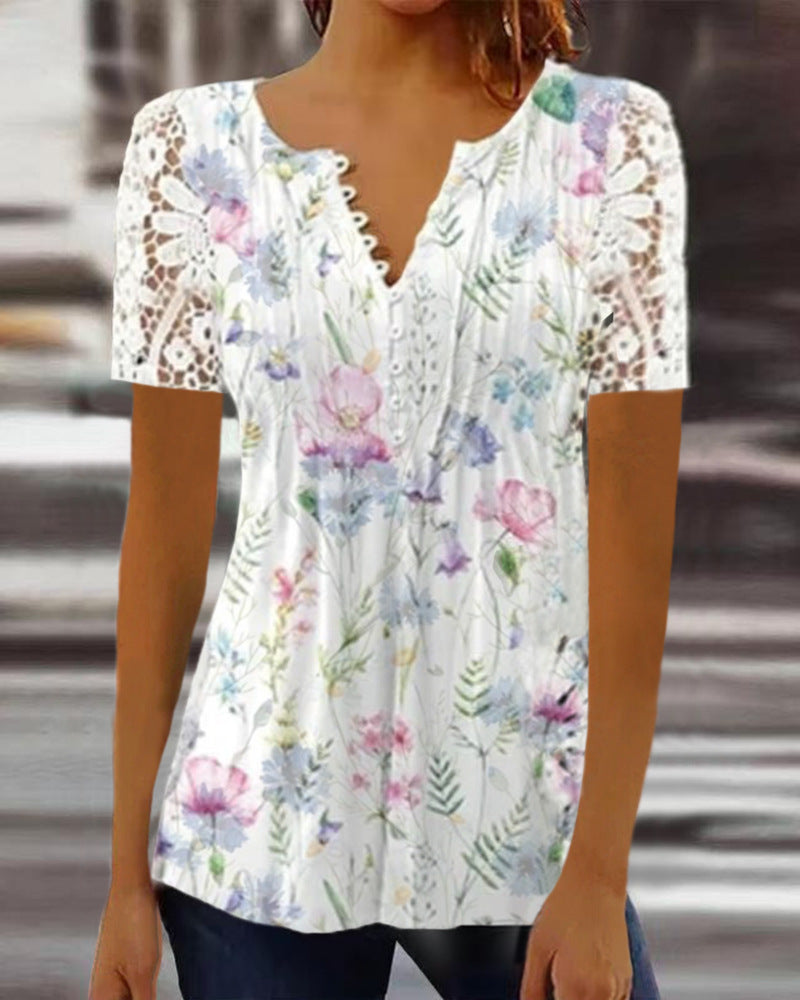 Damen T-Shirt Kurzärmelig V-Ausschnitt Print