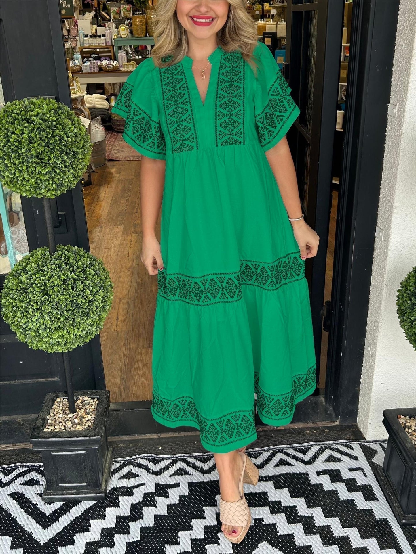Ibiza Style Damen Midi Kleid V-Ausschnitt Weite Ärmel Lockere Passform