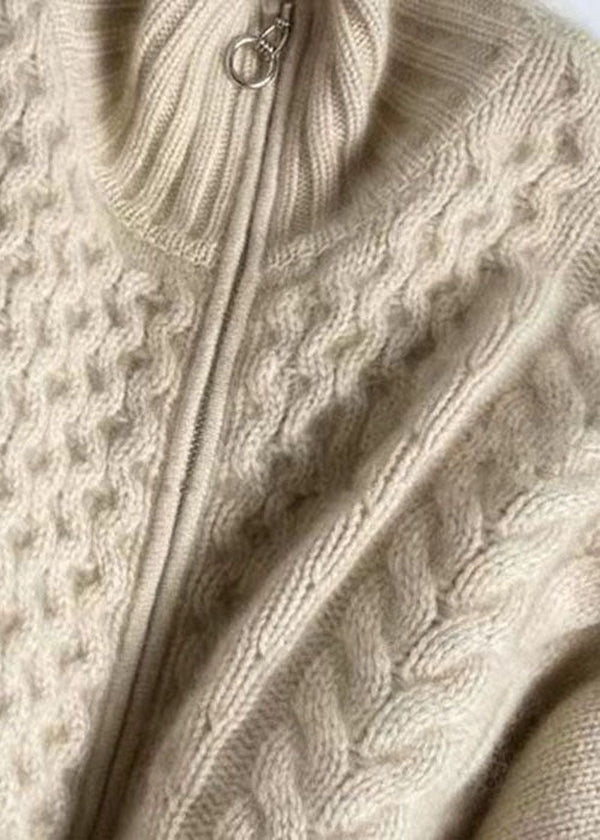 Damen Strickjacke Hochkragen Reißverschluss Warm Beige