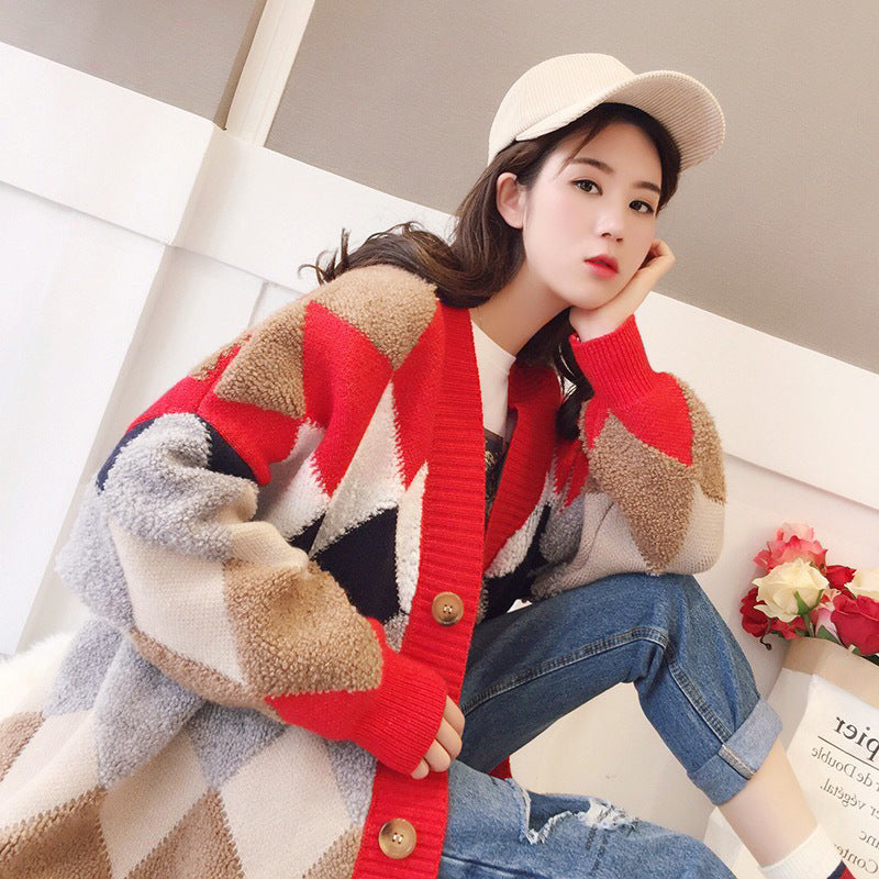 Damen Grobstrickjacke Rautenmuster Komfortschnitt