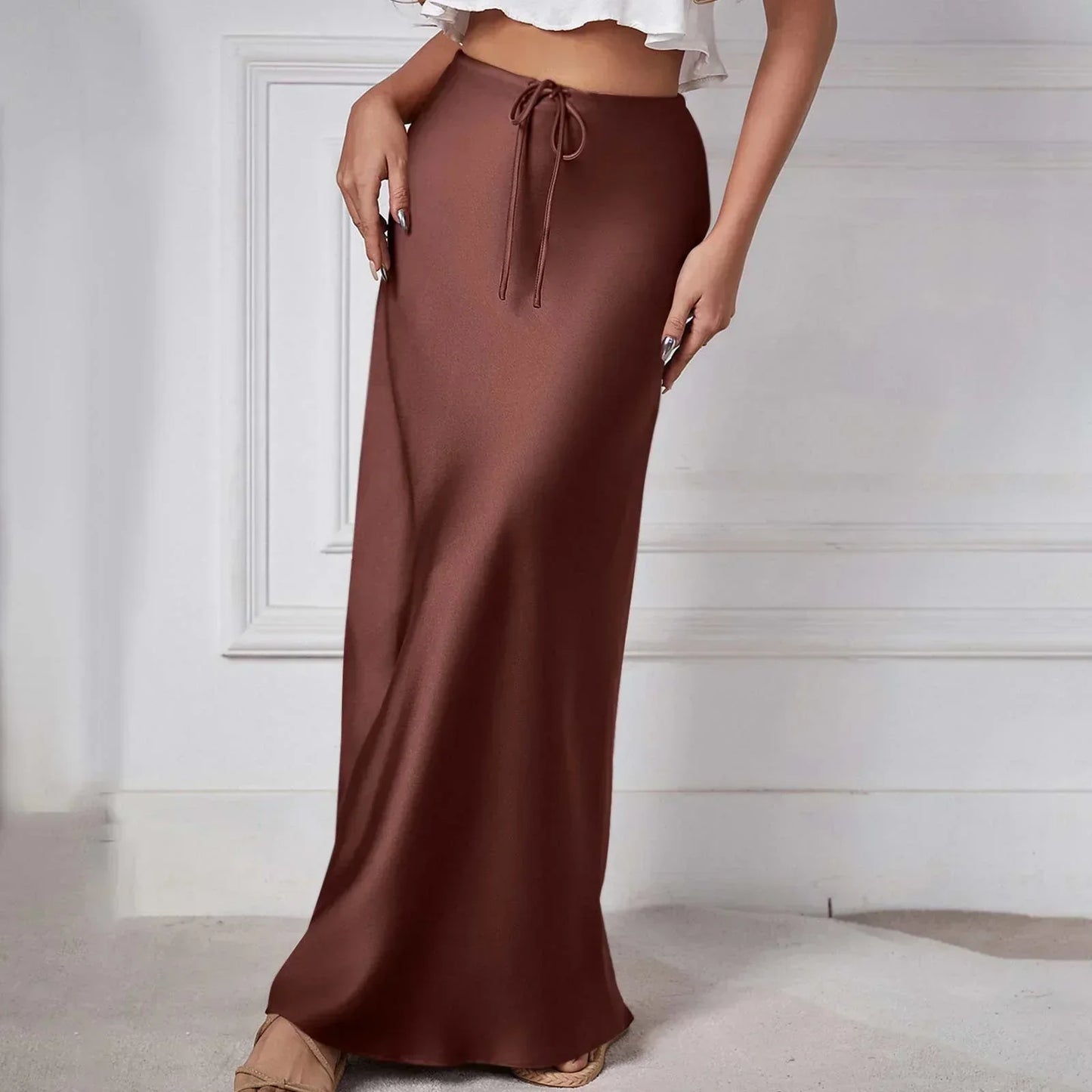 Eveloria Damen Satinrock Hohe Taille Schnürung Braun
