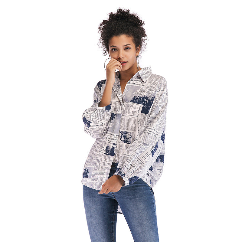 Damen Hemdbluse Zeitungsdruck Oversized Schnitt