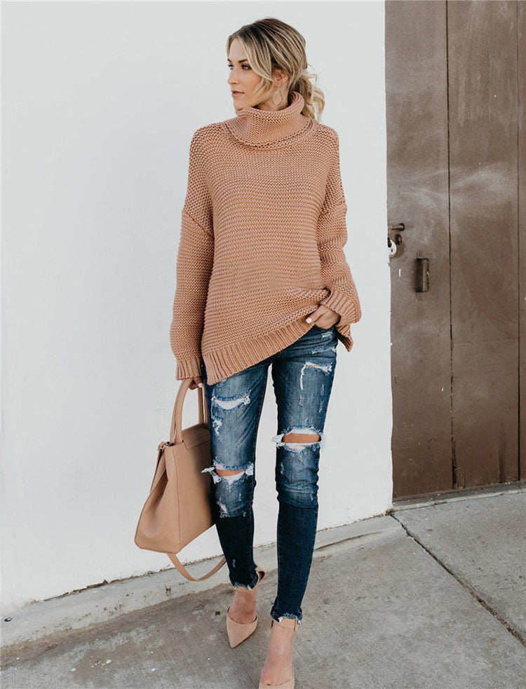 Damen Grobstrickpullover mit hohem Kragen und Volumenärmeln