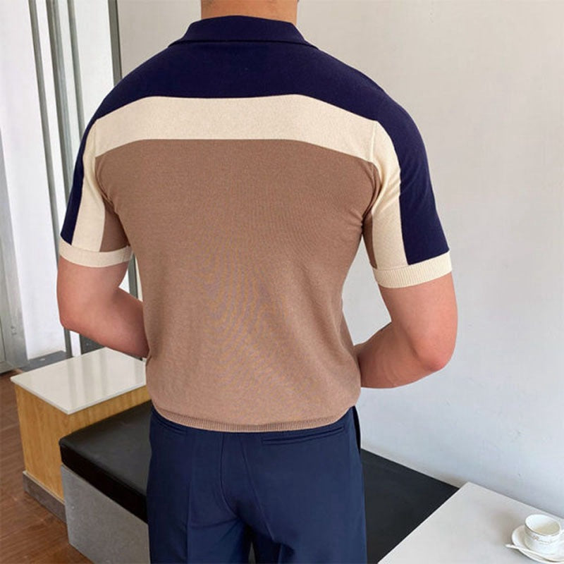 Herren Polo-Shirt Color-Block Baumwolle Blau Weiß