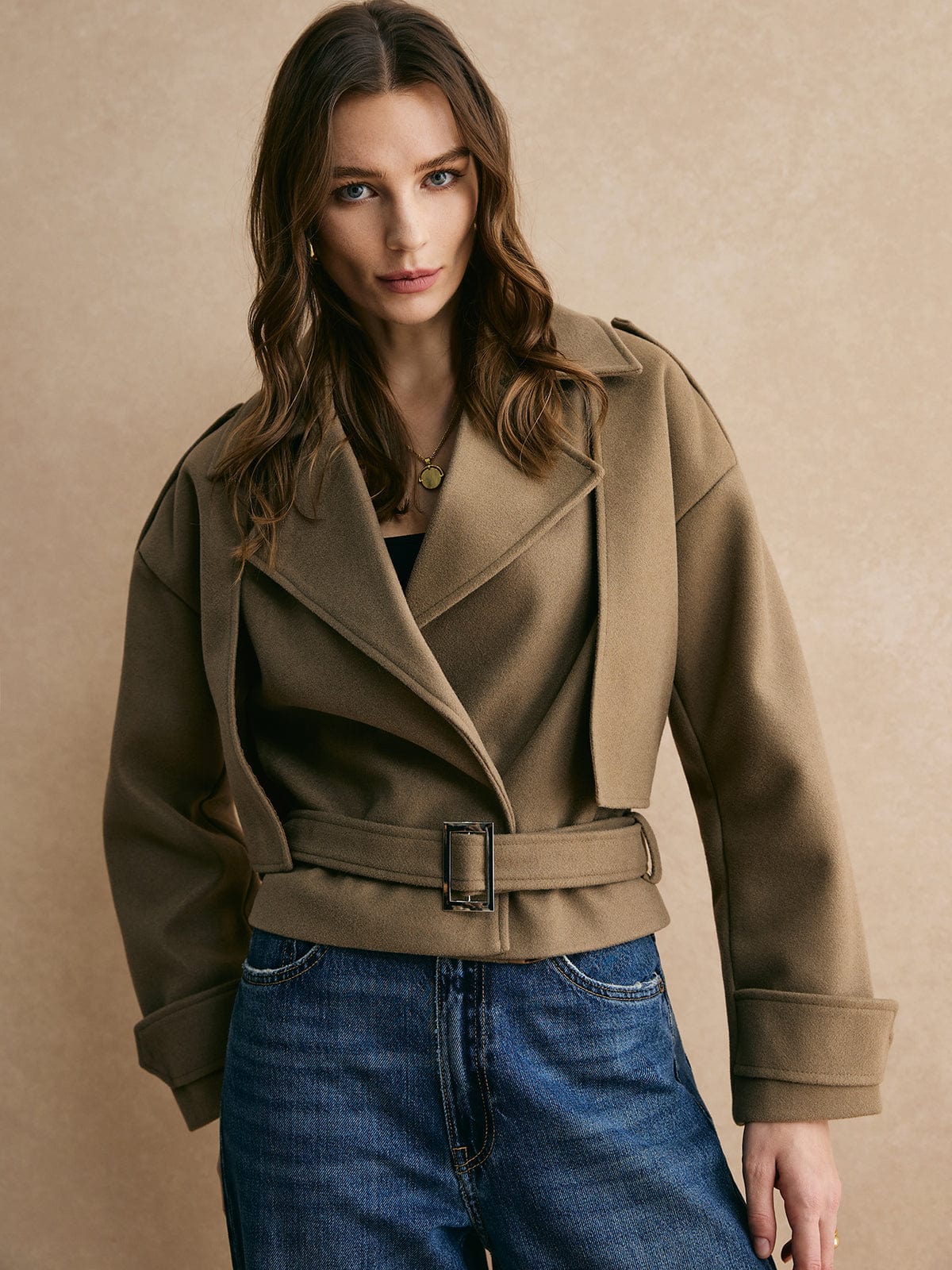 Damen Wollblazer Kurz Khaki