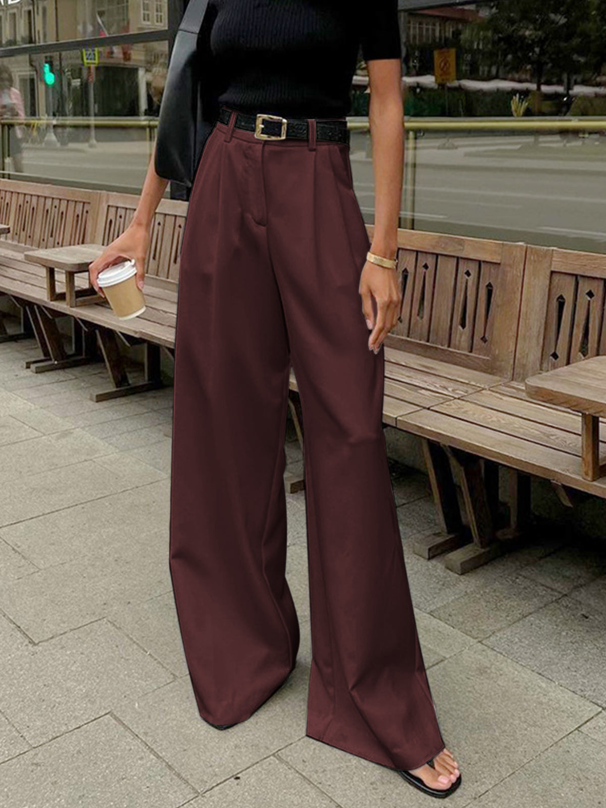 Damen Weite-Hosen Plissierte Vorderseite Mit Gürtel