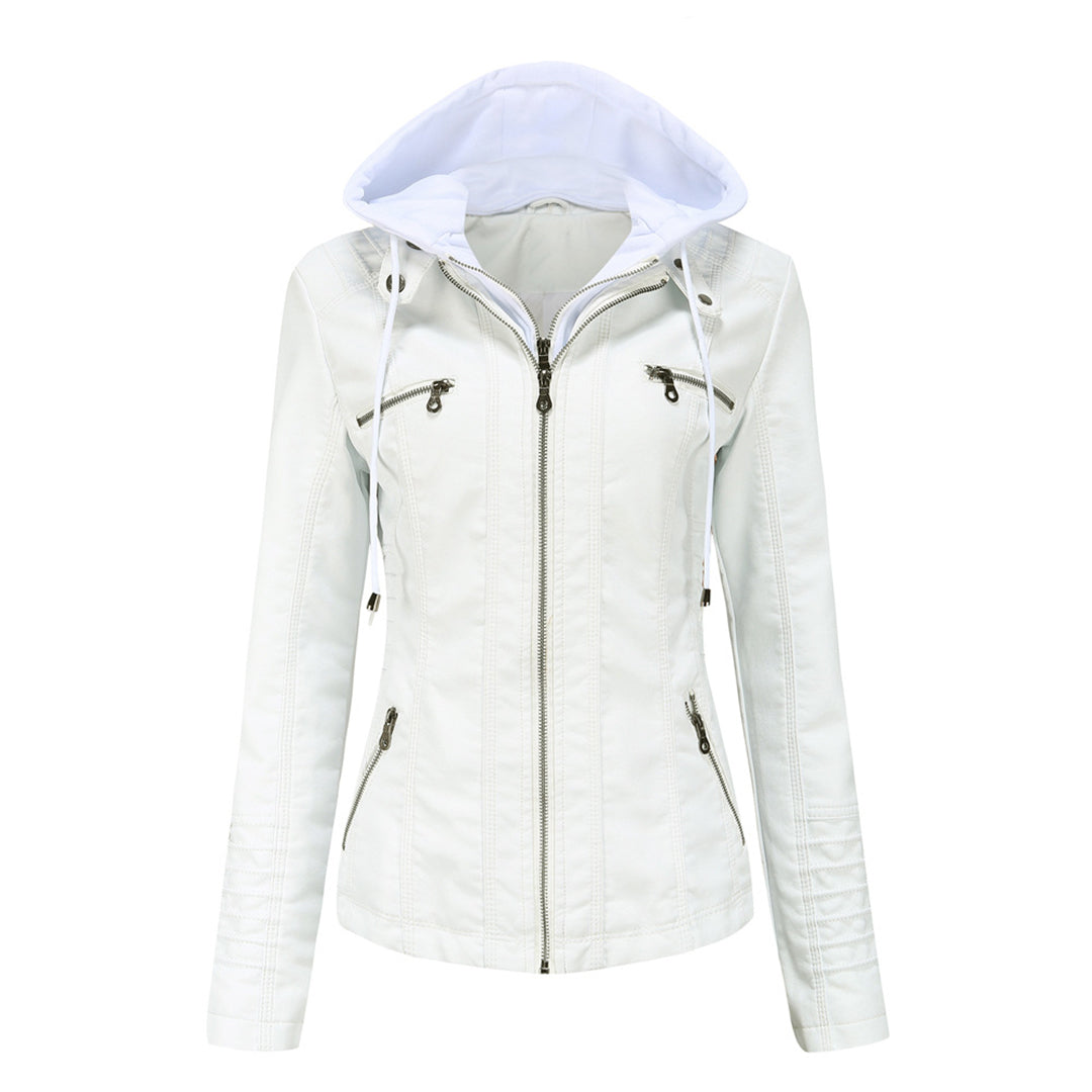 Damen Motorradjacke Kunstleder Mit Kapuze