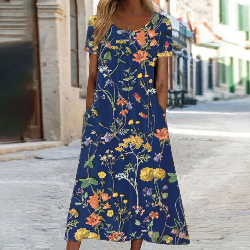 Damen Sommerkleid Blumenmuster Midi mit Taschen