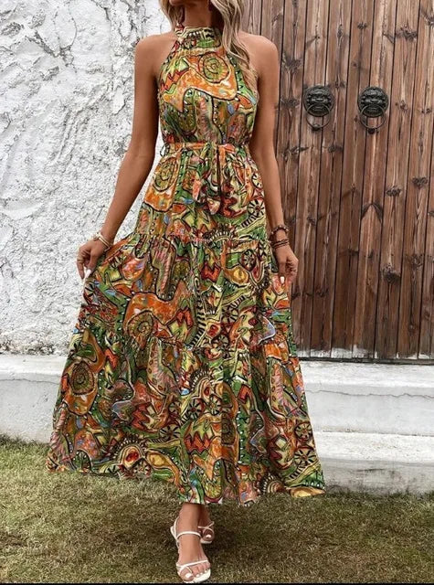 Damen Maxi-Kleid Retro-Halterneck Vintage-Look