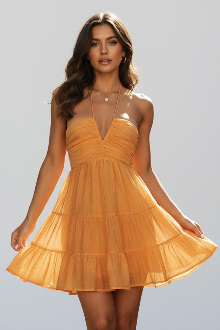 Damen Neckholder Minikleid Rüschenrock