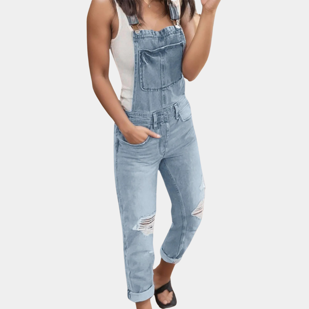 Eveloria Damen Zerrissene Latzhose Denim Blau