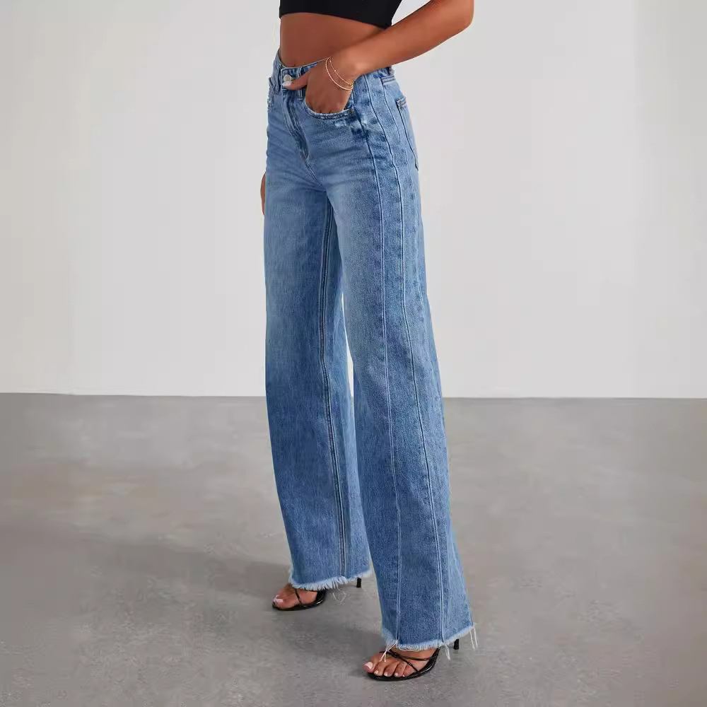 Damen Weite Gerade Jeans Vintage Gewaschen Blau