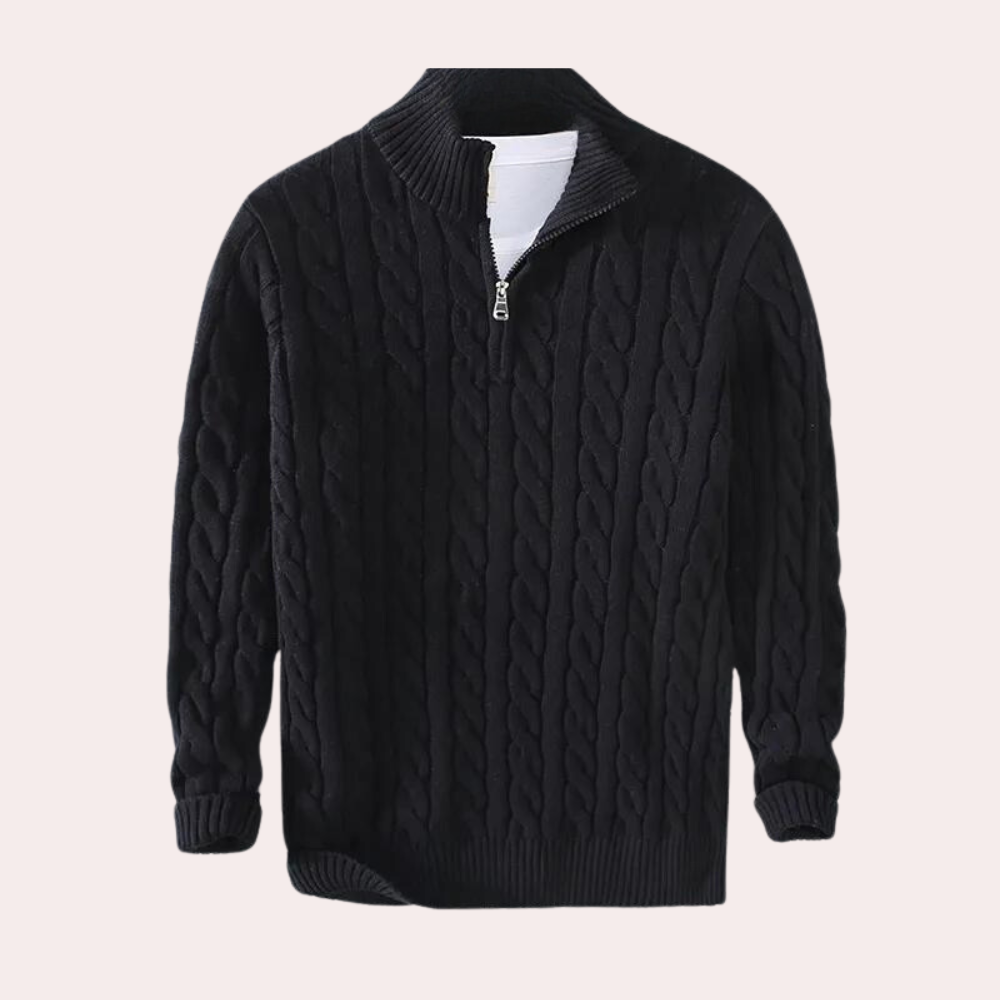 Herren Strickpullover Viertelzip Zopfmuster Grau