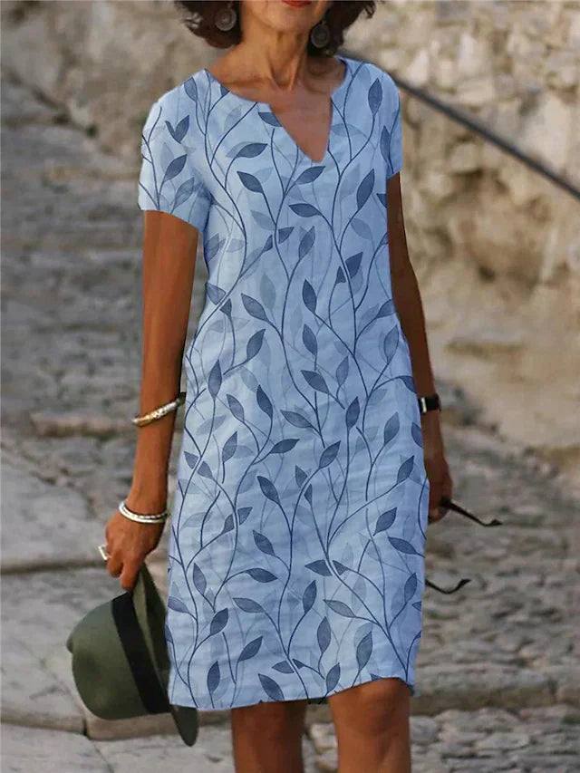 Damen Sommerkleid V-Ausschnitt Blattmuster Kurzärmelig Leicht