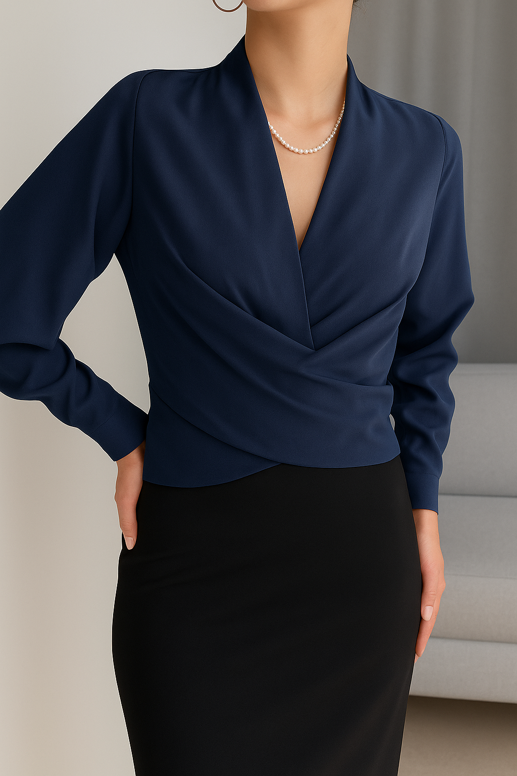 Damen Bluse V-Ausschnitt Langarm Büro Alltag Weiss