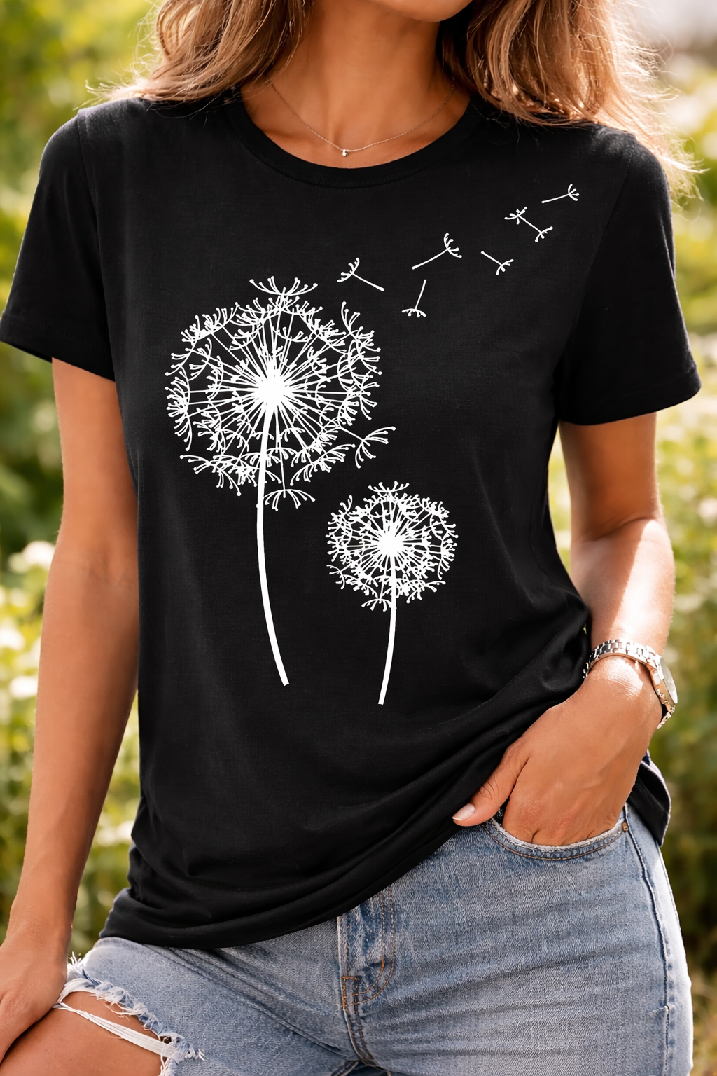 Damen T-Shirt Pusteblumen-Print Kurzarm Baumwolle Weiß