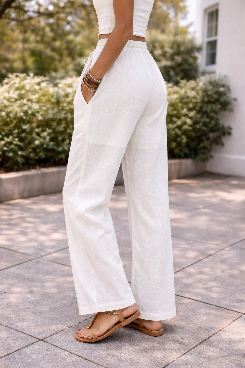 Damen Leinenhose Weitbein Kordelzug Beige