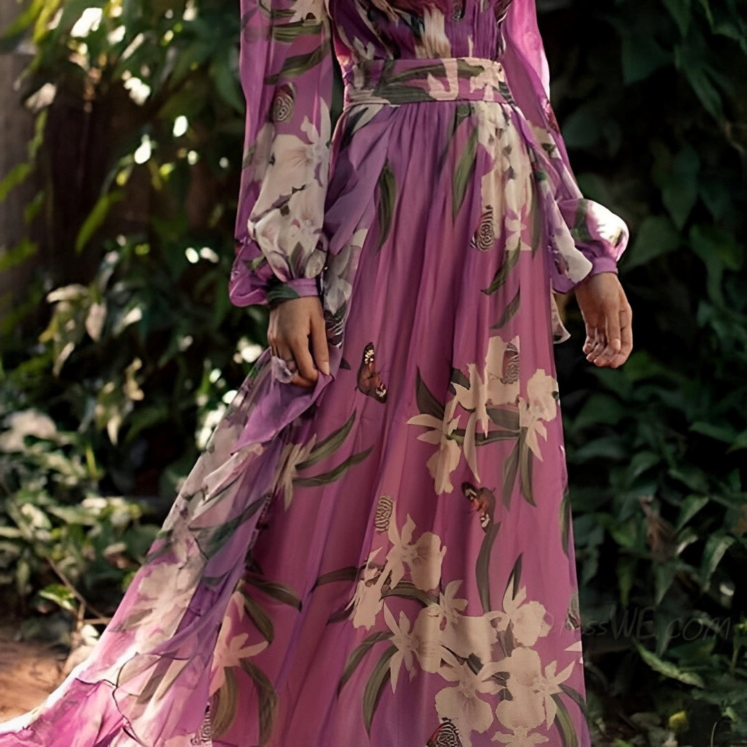 Johanna Damen Maxi Kleid Blumenmuster V-Ausschnitt Bequem