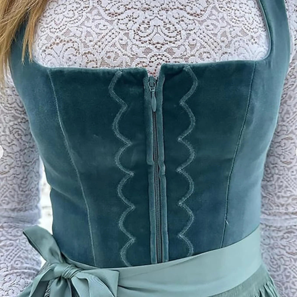 Damen Dirndl Kleid Midi mit Stickereien Quadratischer Ausschnitt