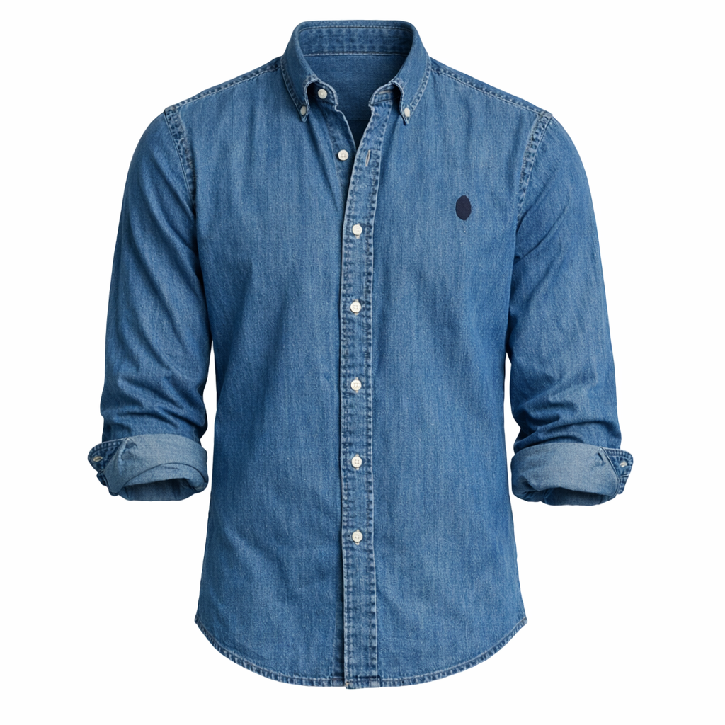 Herren Denim Hemd Langarm Kentkragen Jeansblau