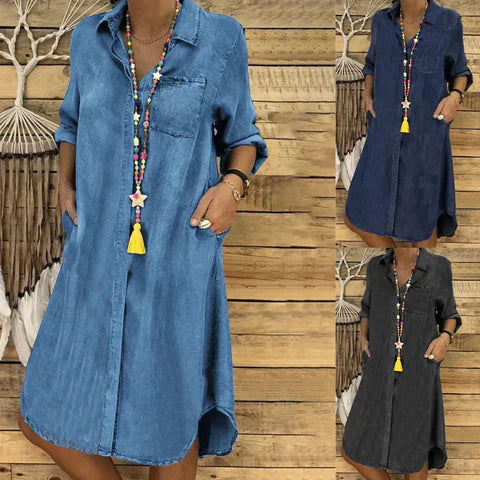 Eveloria Damen Jeans Midi-Kleid mit Umgeschlagenen Ärmeln und