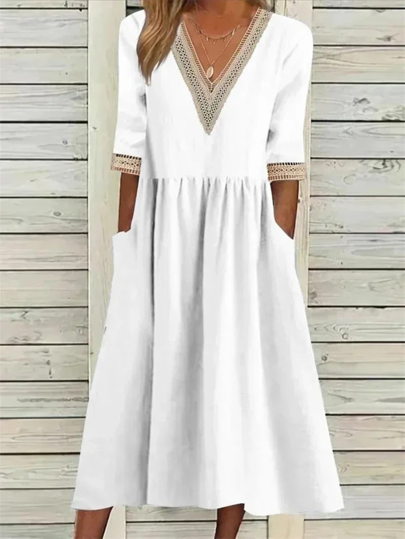Damen Kleid Spitzenverzierung Halbärmel