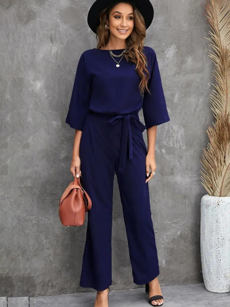 Damen Jumpsuit Weite Beinform Dreiviertelärmel Elegante Passform