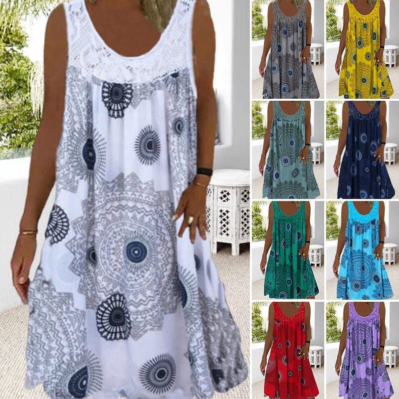 Damen Ärmelloses O-Ausschnitt Kleid Sommer Druck