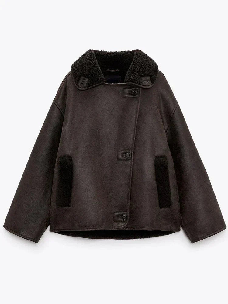 Damen Oversized Jacke Teddyfutter Großer Reverskragen
