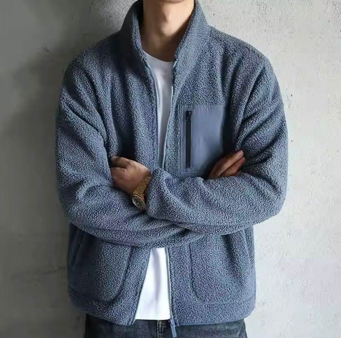 Fleecejacke – Warme Teddy-Fleecejacke mit Reißverschluss und Taschen für Männer-Blau-S-Chaps Herrenmode