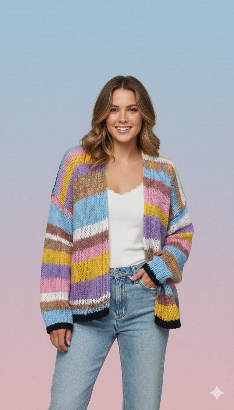 Eveloria Damen Strickpullover Farbenfroh Gestreift Offene Vorderseite
