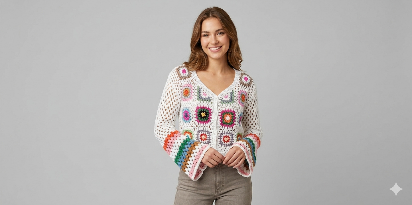 Damen Strickjacke Bunt Häkelmuster Luftig