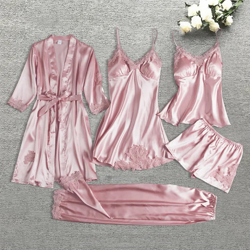 Eveloria Damen Seiden-Schlafbademantel-Set 5-teilig