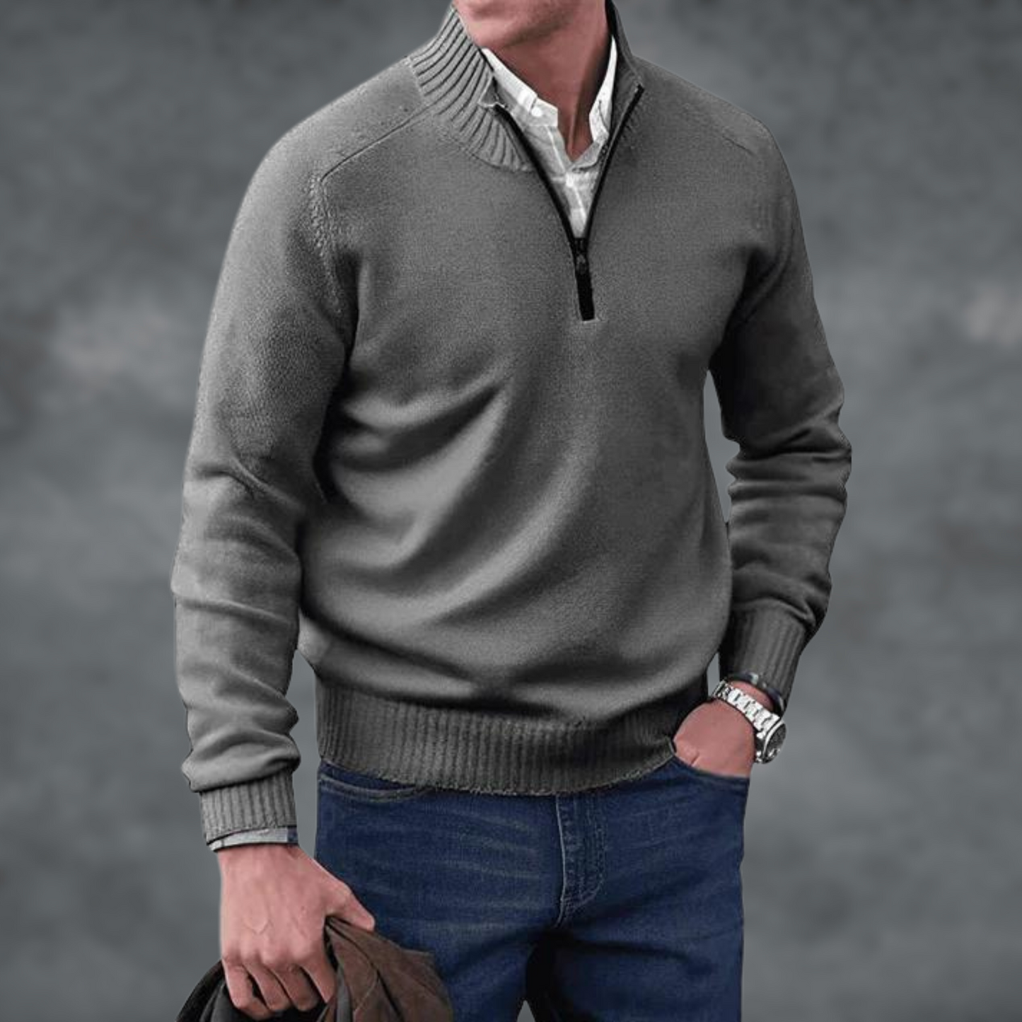 Halb-Reißverschluss Pullover - Kaschmir - Stehkragen - Steckbrücke - Strickpullover-Dunkelgrau-S-Chaps Herrenmode