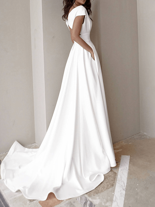 Damen Abendkleid V-Ausschnitt Rückenfrei Kurze Ärmel Schwarz - Eveloria