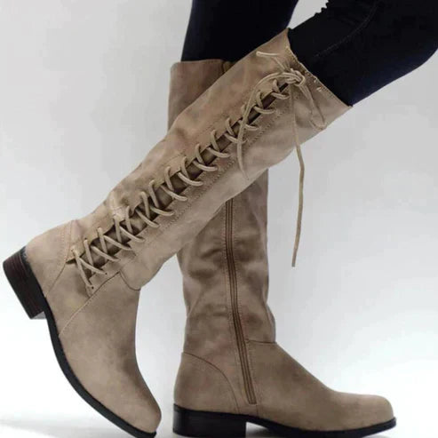Damen Kniehohe Stiefel Kunstleder Schnürung Vorne Flach