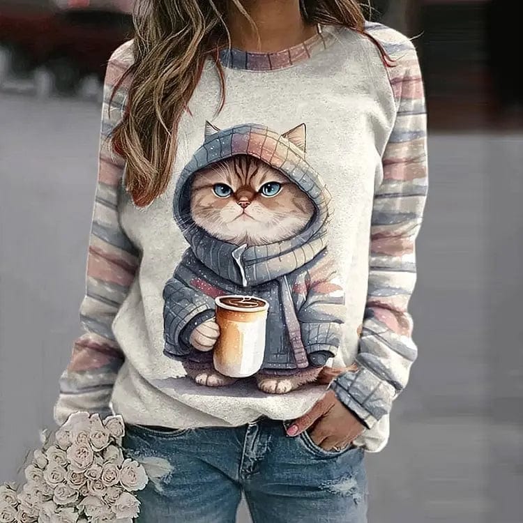 Eveloria Damen Pullover Baumwolle Katzenmotiv Streifen Ärmel - Eveloria