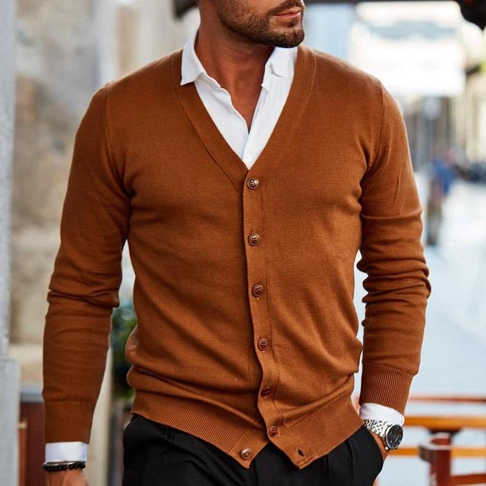 Knopfleiste-Strickjacke – Leicht – V-Ausschnitt – Strickjacke – Herren-Strickmode-Hellbraun-S-Chaps Herrenmode