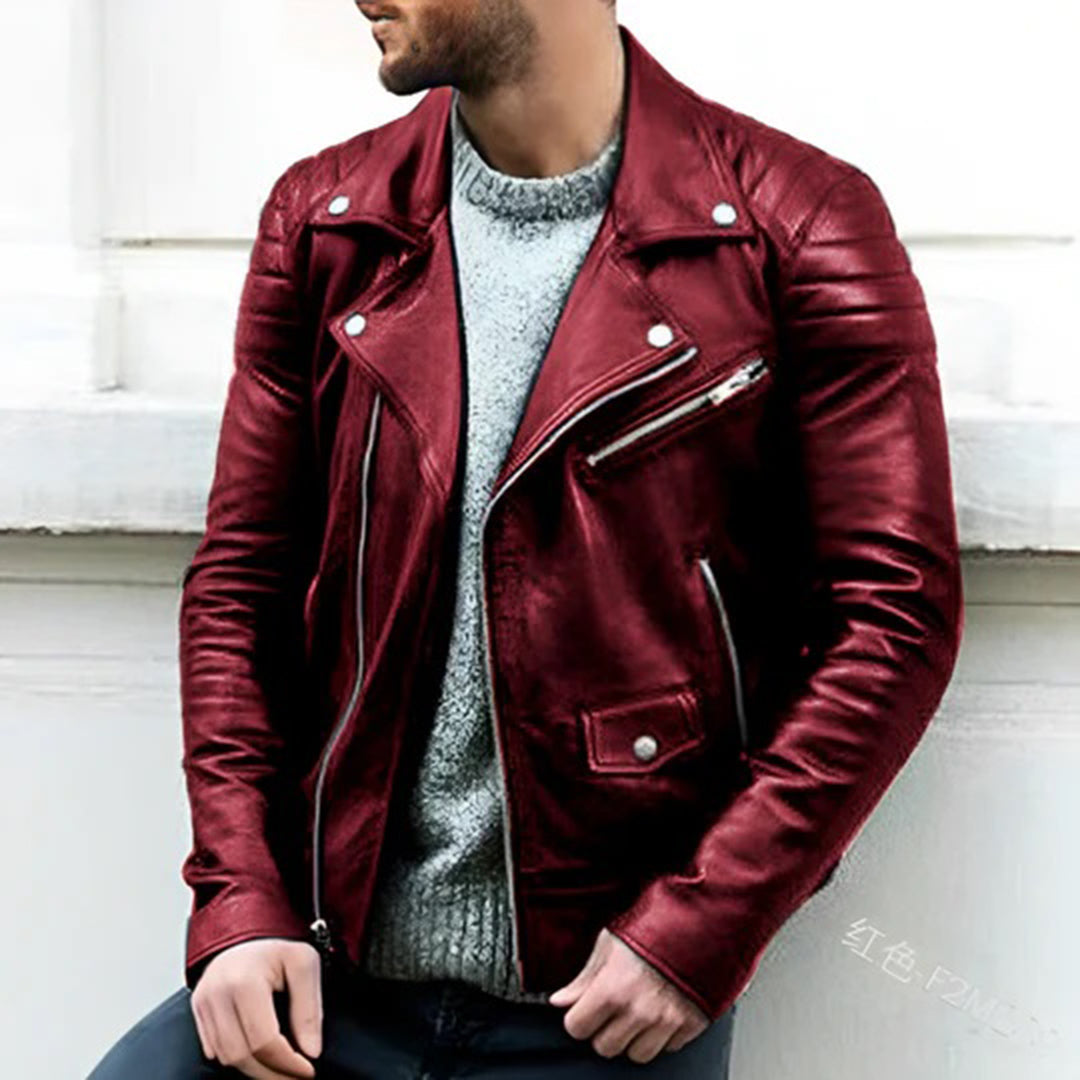 Lederjacke – Herren-Motorradjacke aus Leder mit Reißverschluss-Rot-S-Chaps Herrenmode
