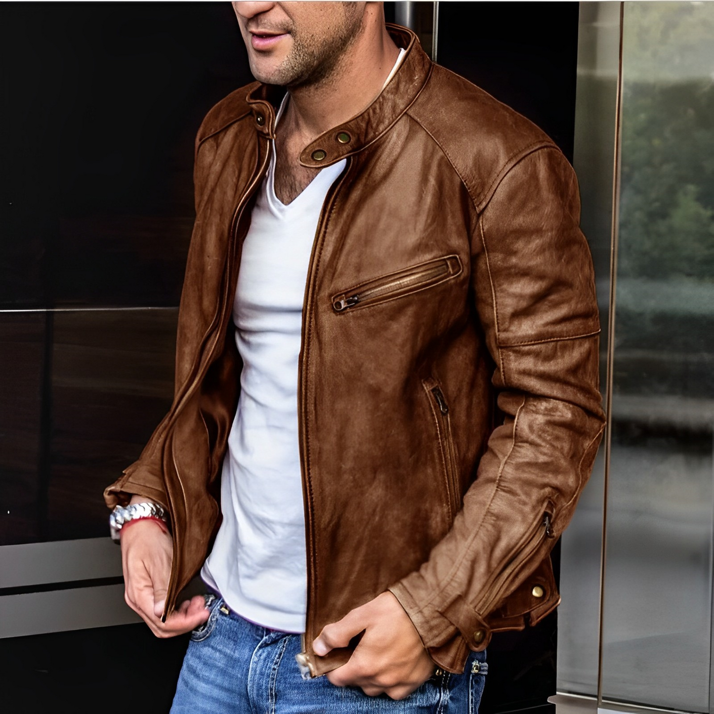 Lederjacke - Zip-Up - Vintage - Bikerjacke - Herren Lederjacken-Braun-XS-Chaps Herrenmode