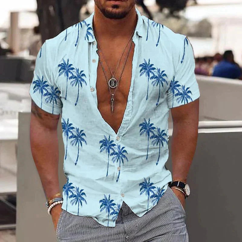 Leinenhemd - Bedruckt - Button-Up - Kurzarmhemd - Herrenhemd-Blau-S-Chaps Herrenmode